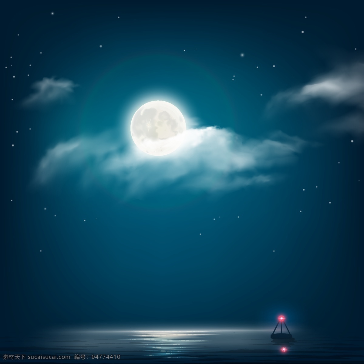 夜色 下 海面 风景 插画 月亮 云朵 星空 蓝色 夜空 水面 灯塔 夜晚 景色 静谧的夜色 大自然