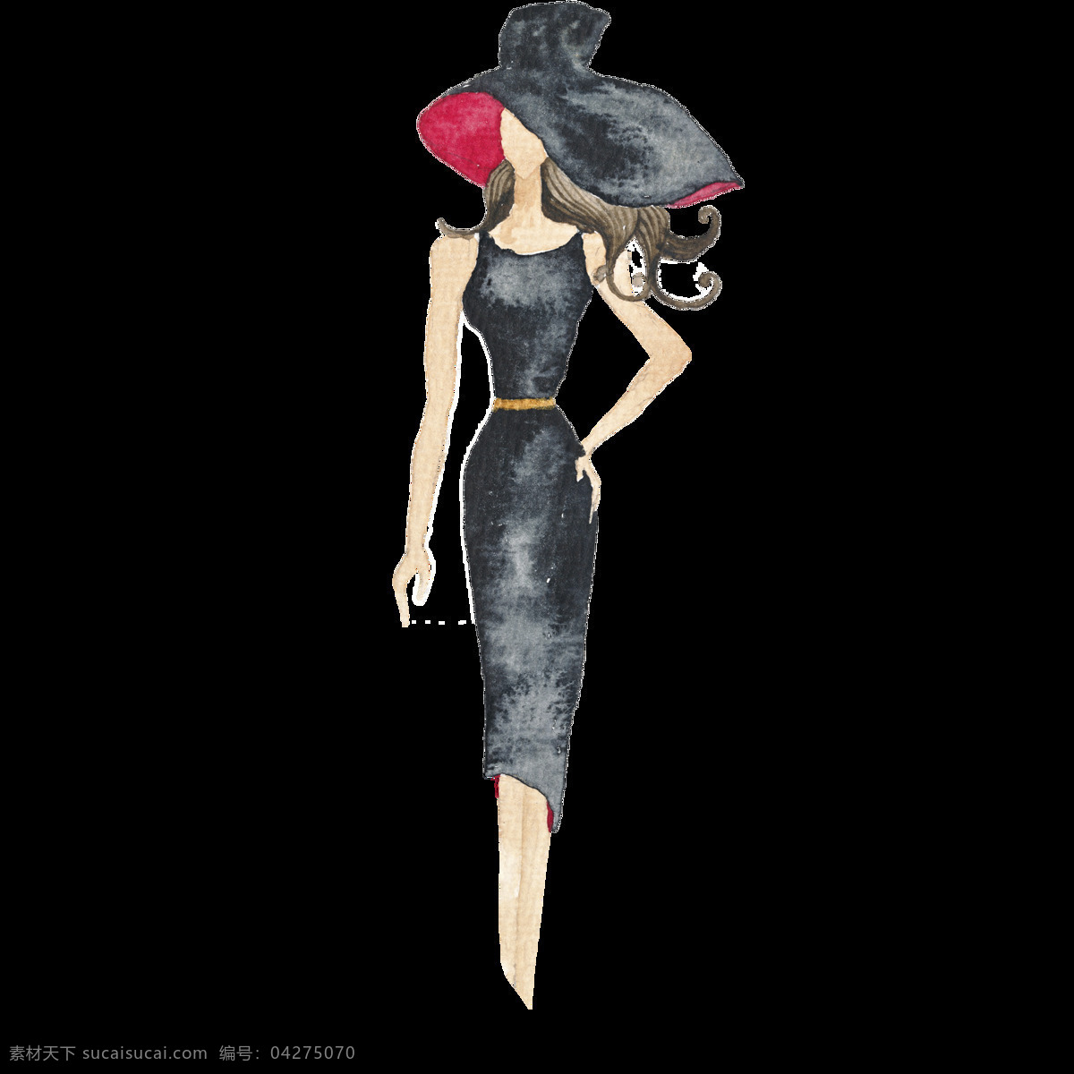 黑色 手绘 时尚 女孩 巴黎 卡通 透明 大檐帽 长发 透明素材 免扣素材 装饰图案