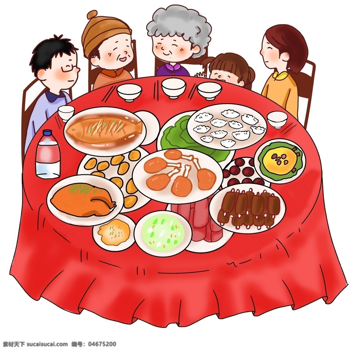 春节 年夜饭 团圆饭 贺新年 一家人 幸福美满 红色的桌子 木头凳子 餐具 美食美味 营养健康 年夜饭插画