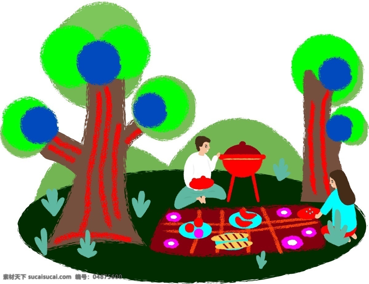 春天 郊游 野餐 情侣 男人 女人 公园 食物 美食 矢量图 免抠图 云朵 环境