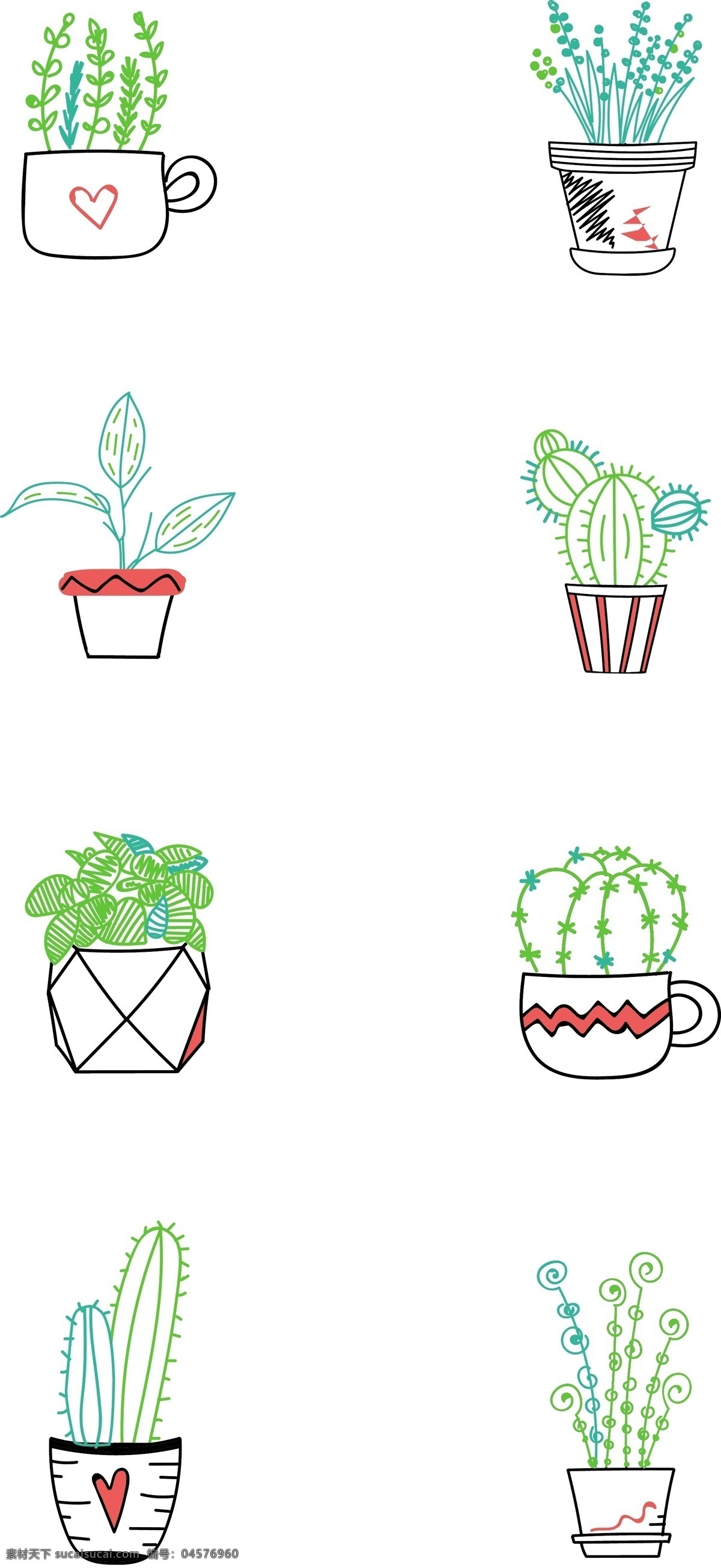 创意 线条 绿植 植物 盆栽 手绘 元素 可商用