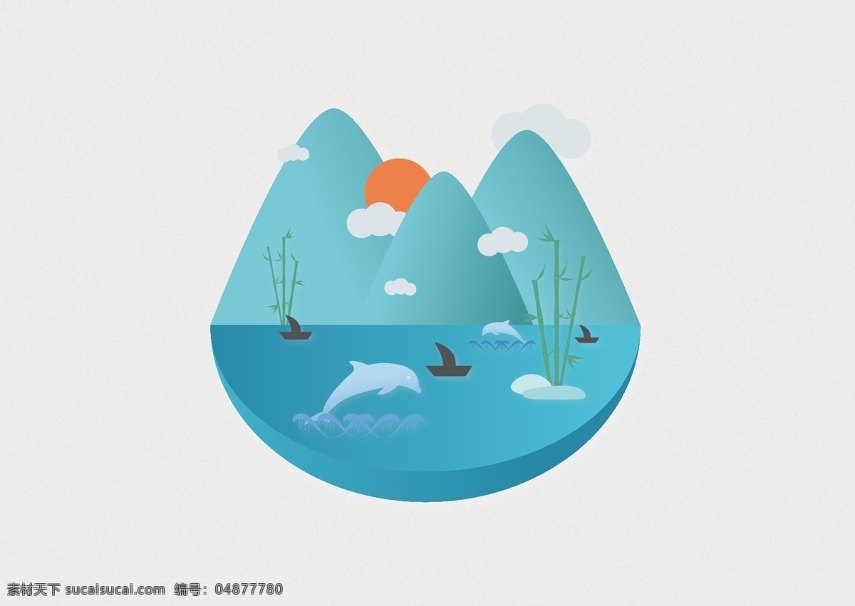 海洋 海豚 插画 图案 logo 元素 风景 竹子