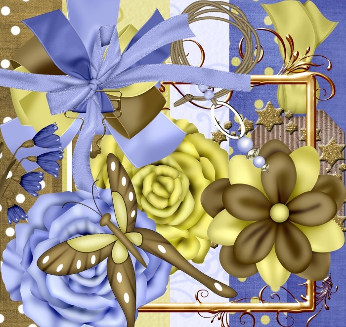 花朵 缎带 蝴蝶结 金 蓝 丝带 金星 吊坠 串珠 相框 边框 花边 背景 黄 衬纸 布 剪贴 装饰 分层 源文件