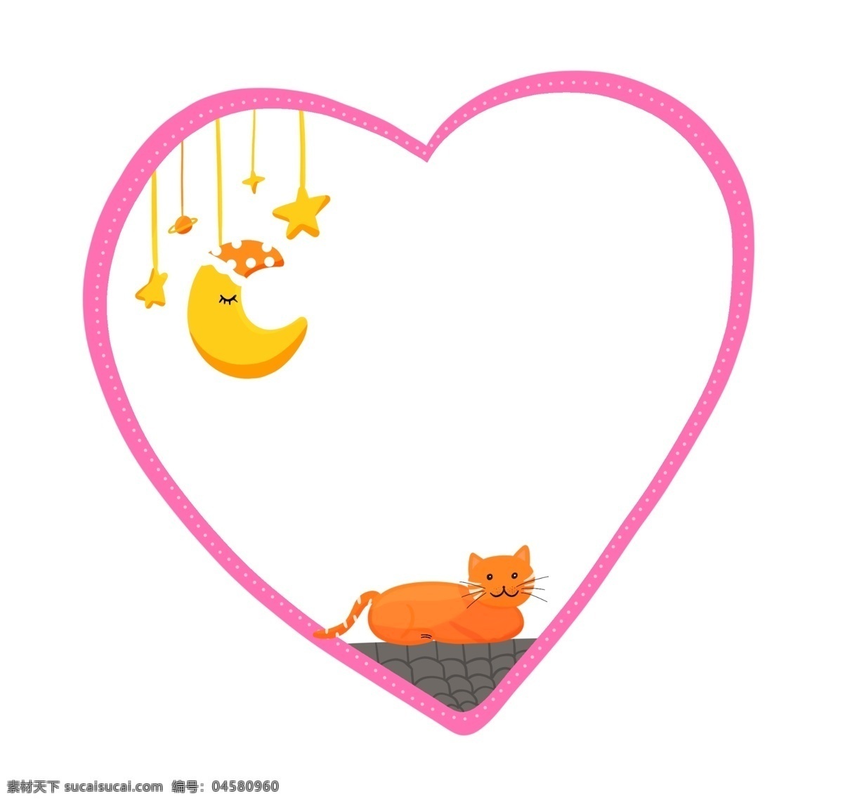 红色 猫咪 边框 插画 桃心猫咪边框 黄色 月亮 挂饰 五角星 可爱 猫咪边框插画