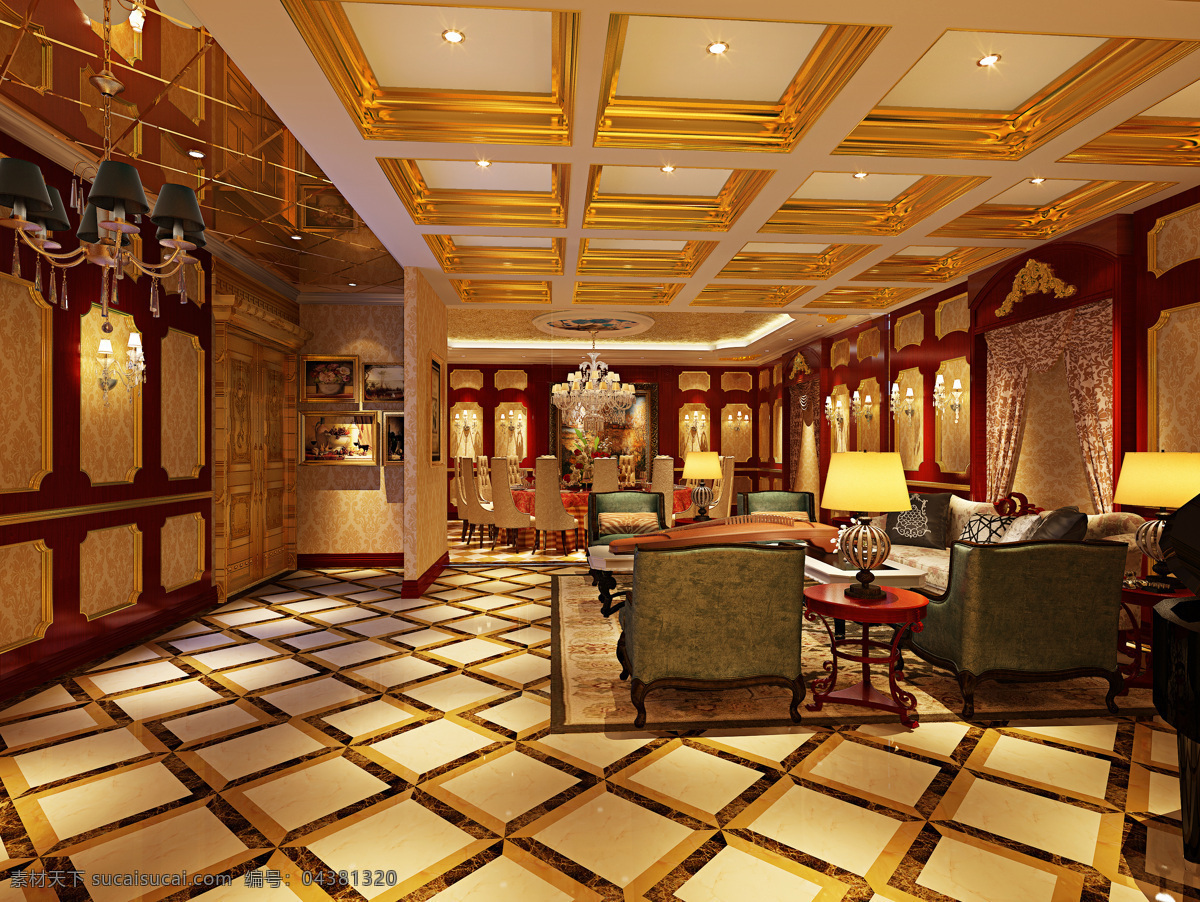 高端 奢华 酒店 餐厅 装修 效果图 射灯 黄色吊顶 金碧辉煌