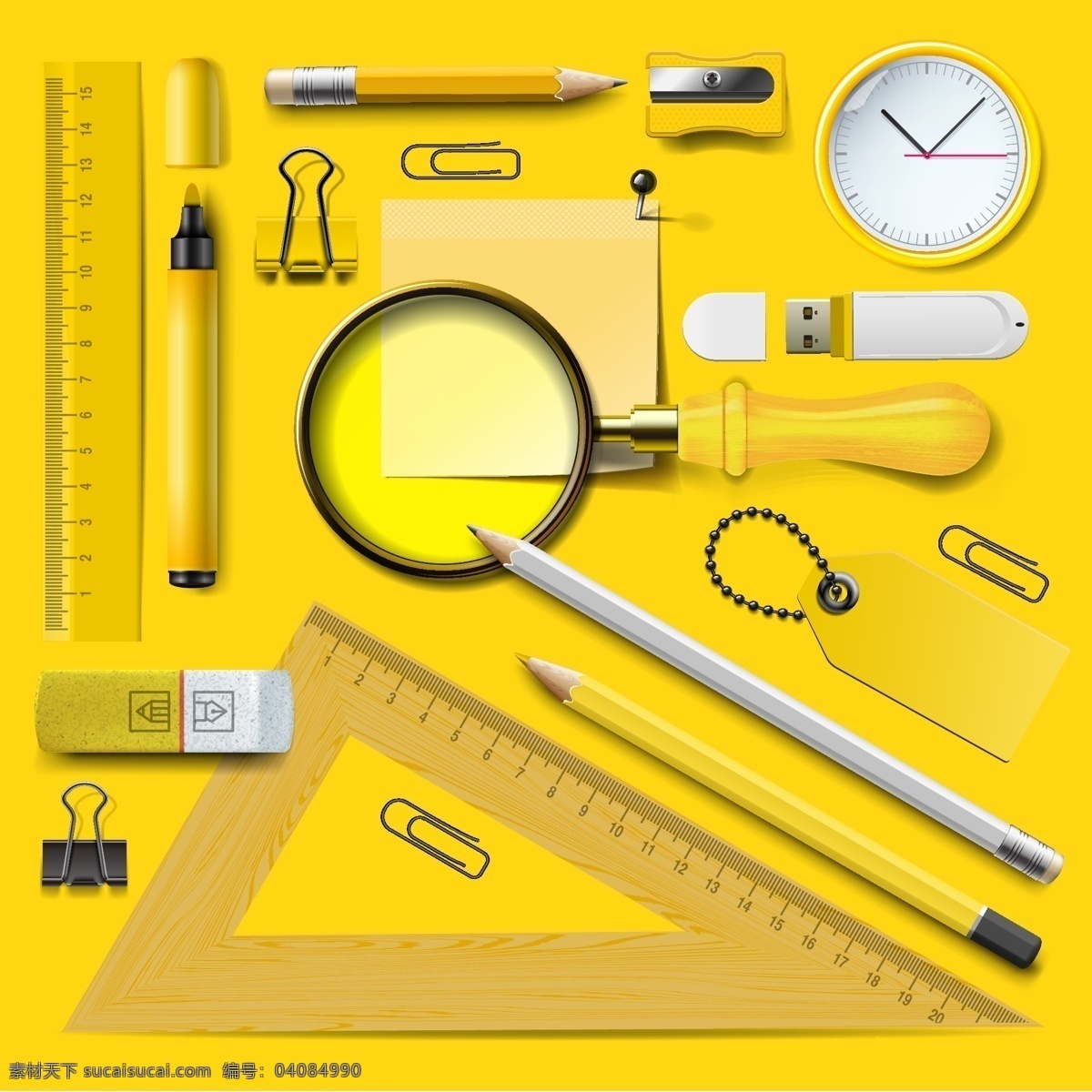 黄色 文具 组 学校 矢量 三角尺 铅笔 橡皮擦 矢量素材 黄色文具组