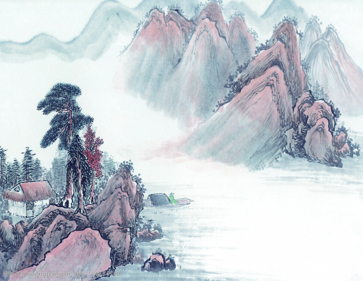 中国 国画 篇 山水 水墨 丹青 远山 松树 乌篷船 文化艺术 绘画书法