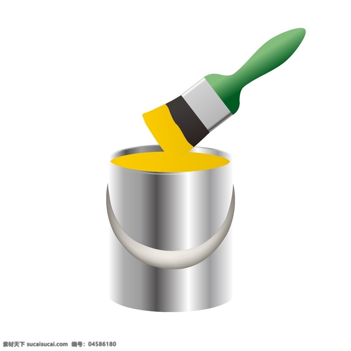 银色 油漆桶 刷子 银色的油漆桶 黄色的油漆 绿色的刷子 装修工具 油漆桶装饰 油漆桶插画