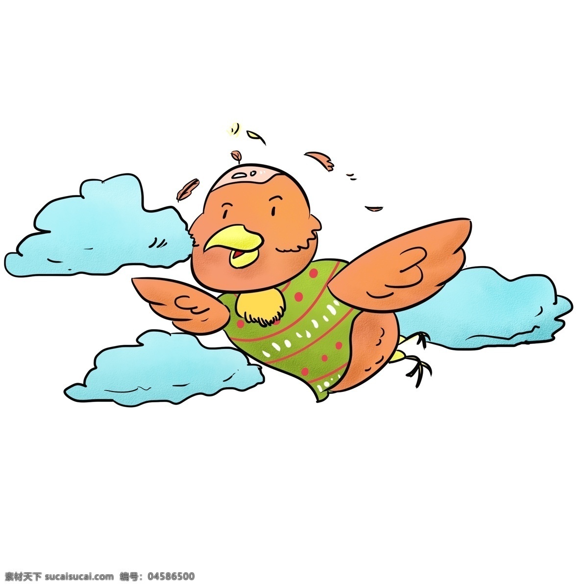 卡通 童趣 秃头 小鸟 飞翔 云朵 毛衣 橘色 蓝色 羽毛