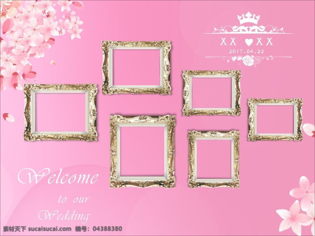 婚礼 海报 迎宾 粉色 樱花 金属质感相框 logo 未转曲 可修改 矢量 随意 更改
