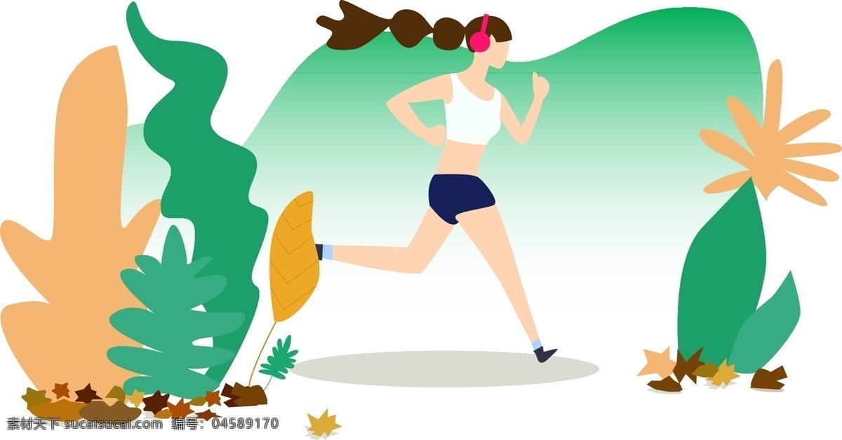 清晨 林间 小路 跑步 商用 运动 人物 植物 扁平化 插画 锻炼