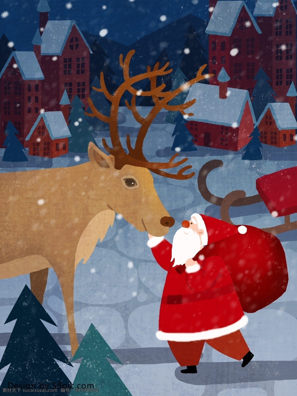 麋鹿 圣诞老人 出发 送礼 物 原创 手绘 插画 圣诞节 快乐 开心 温馨 出发送礼物啦 雪夜 原创手绘插画
