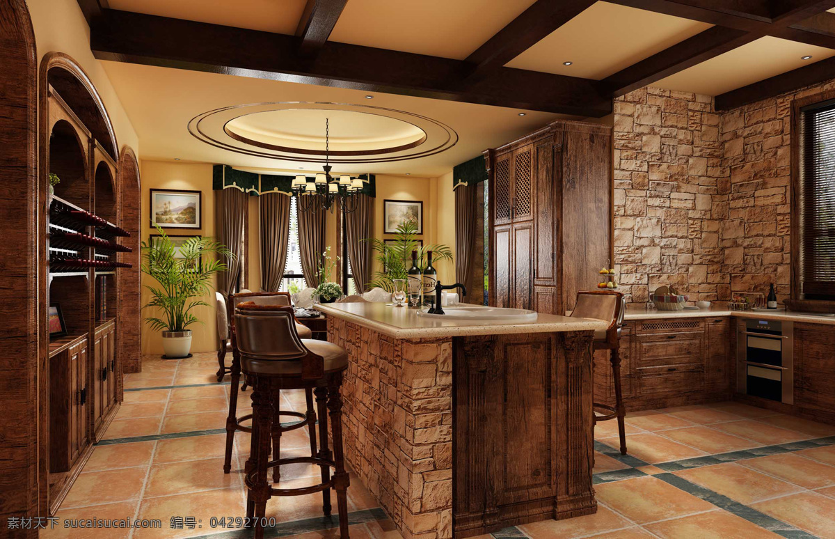美式 风格 客厅 褐色 花纹 背景 墙 室内装修 效果图 客厅装修 瓷砖地板 木制家具 吊灯
