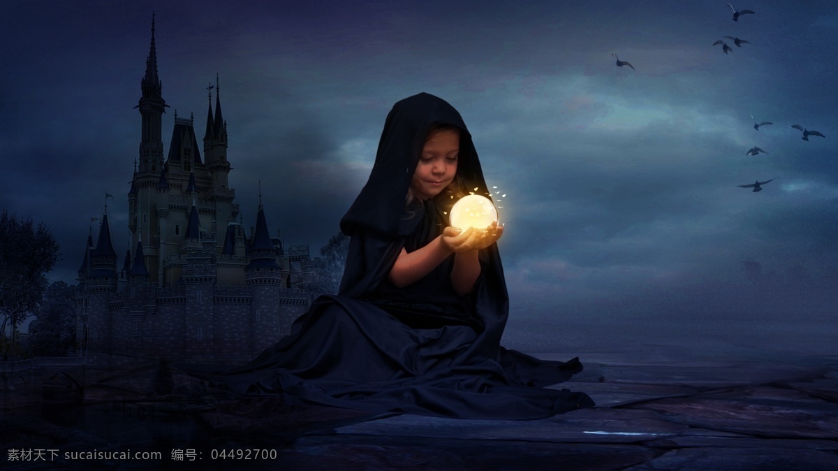 小小魔法师 小女孩 水晶球 蝴蝶 飞鸟 城堡 黑暗 幽暗 魔法师 合成效果
