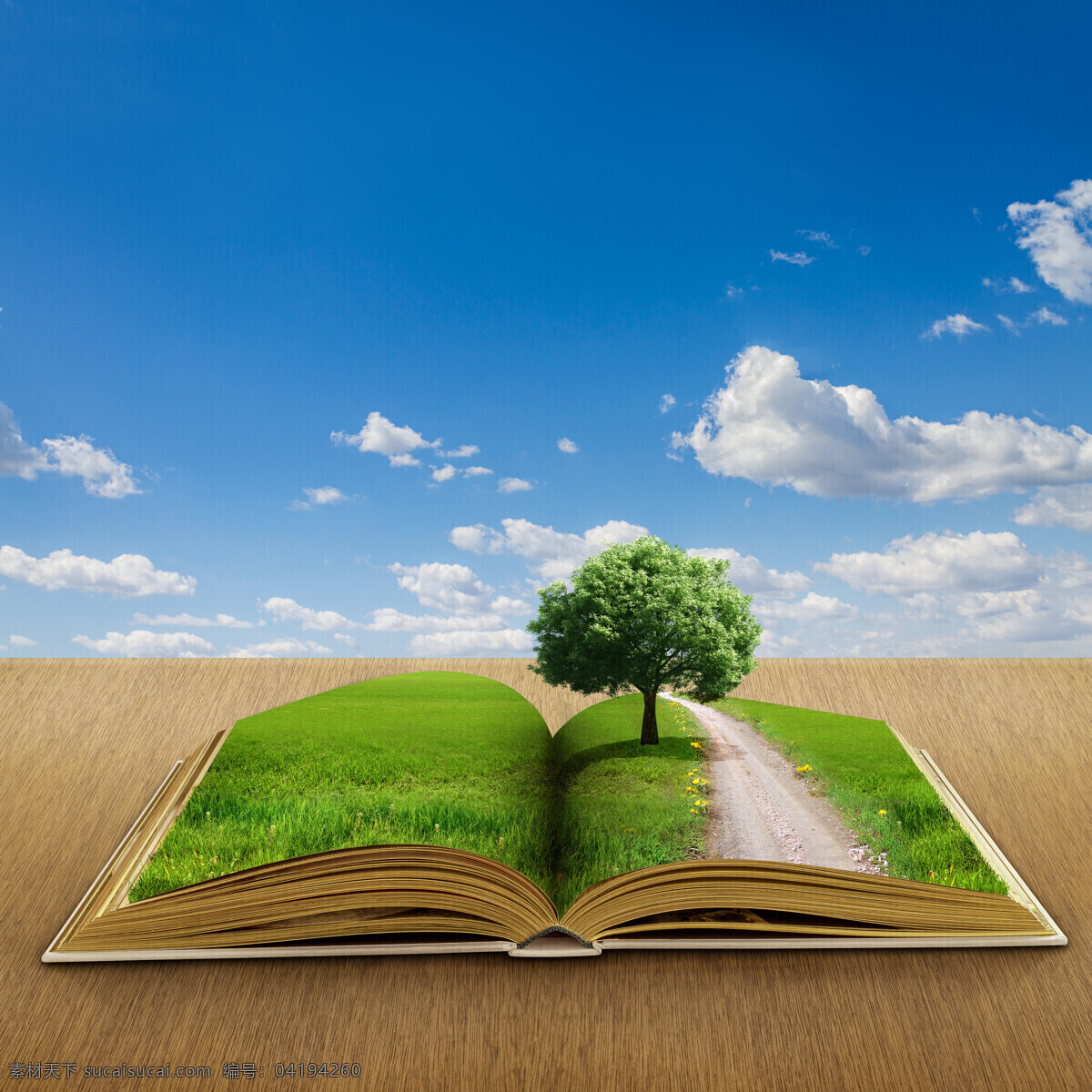 创意 书本 自然环境 蝴蝶 蓝天 白云 热气球 道路 书籍打开的书 大树草地花朵 书本天空绿色 环保景区 自然风景 自然景观 蓝色