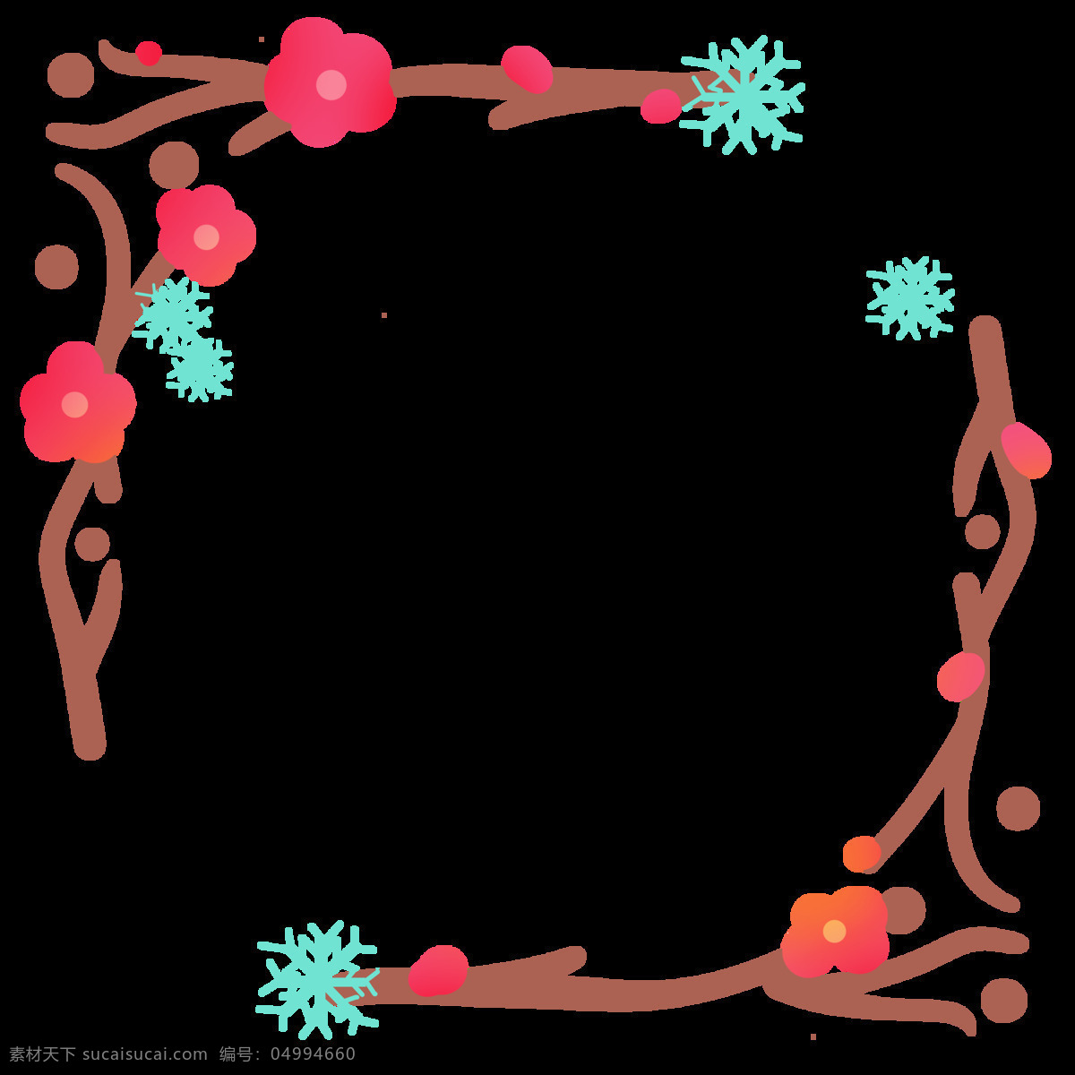 红色 梅花 边框 插画 花朵边框 雪花边框 树枝边框 创意边框 边框装饰插画 方形的边框 唯美边框