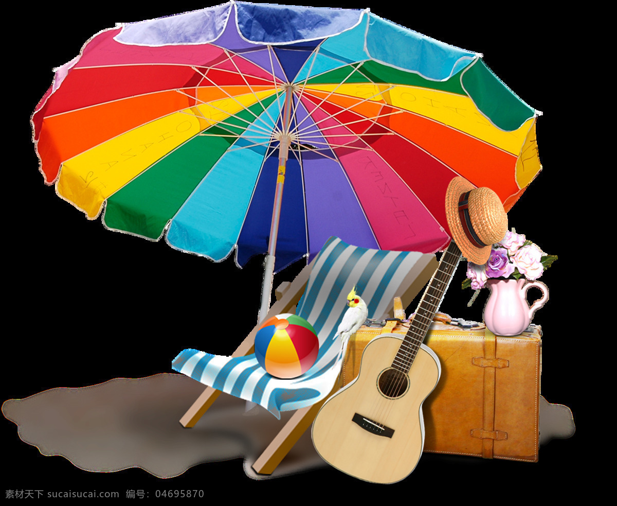 太阳伞 下 躺椅 吉他 元素 太阳 伞