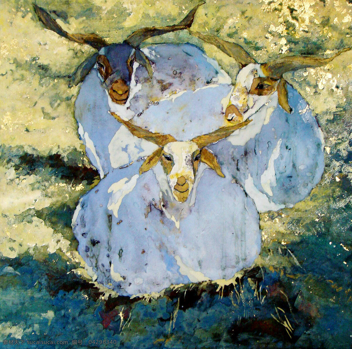 三羊开泰 美术 绘画 油画 现代油画 动物画 羊 白羊 草地 天空 油画艺术 油画作品10 绘画书法 文化艺术