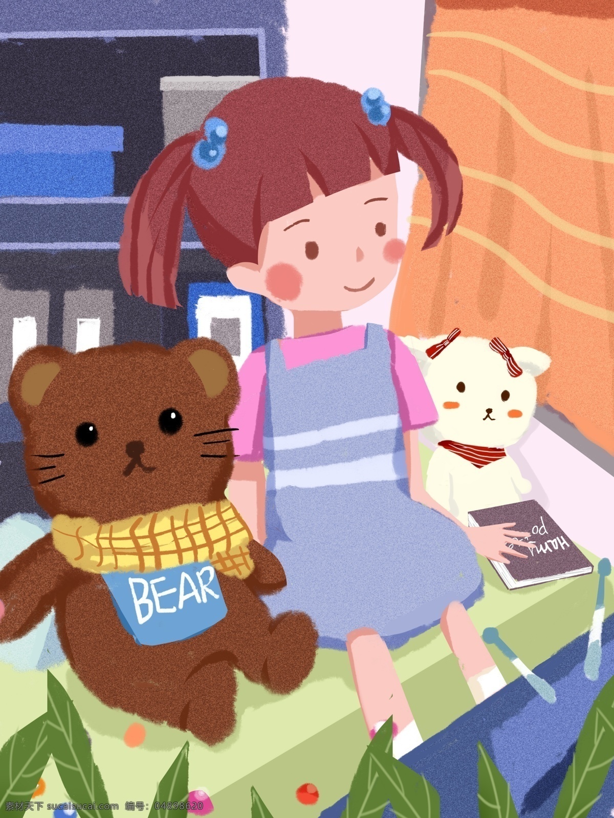 国际 儿童 日 女孩 小 熊 看 电视 爱 扁平 风 插画 可爱 扁平风 国际儿童日
