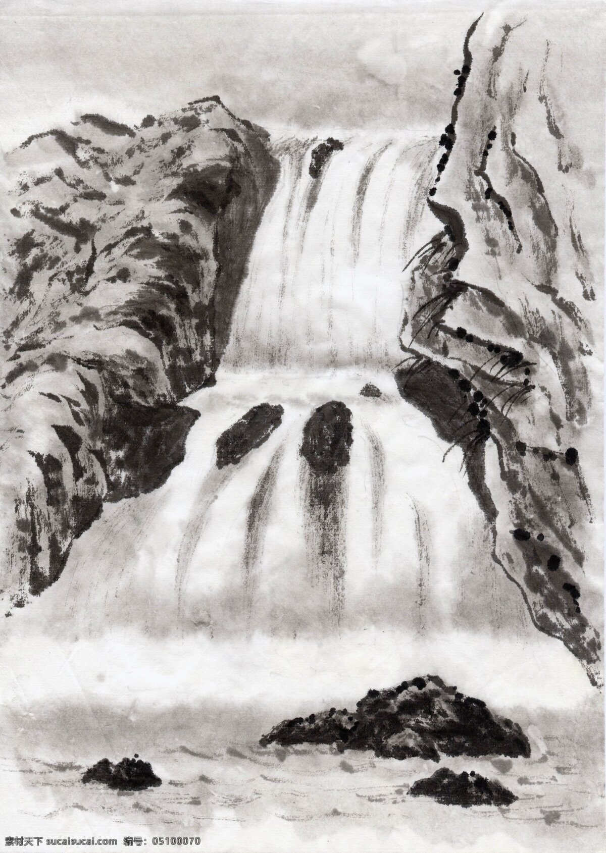 瀑布 溪流 山水 山水画 水墨 家居装饰素材 山水风景画