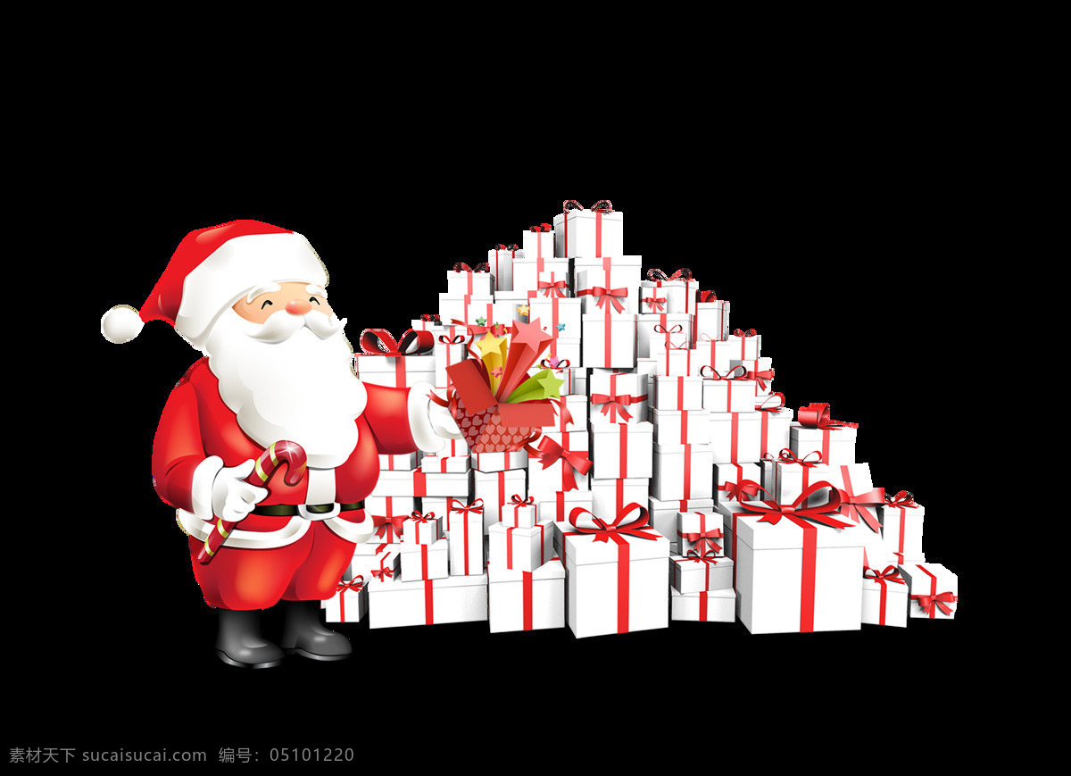 圣诞老人 礼物 礼物堆 卡通 可爱 蝴蝶结 圣诞节 红色