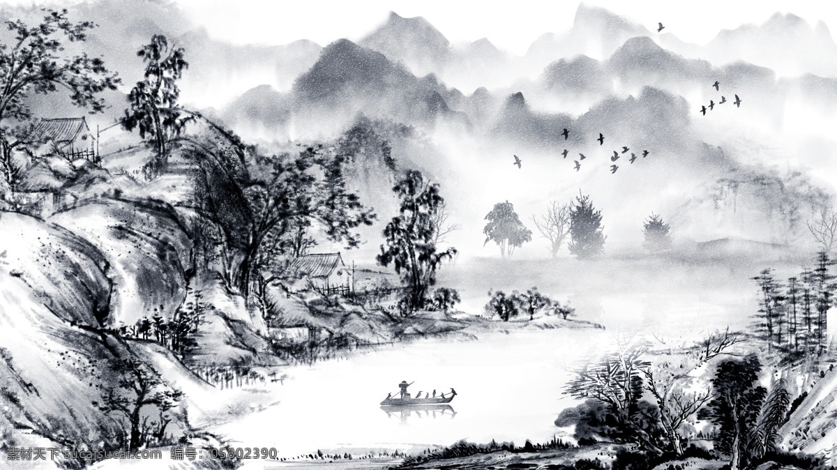 唯美 古代 中国 水墨画 山水画 插画 中国水墨画 壁纸 手机配图