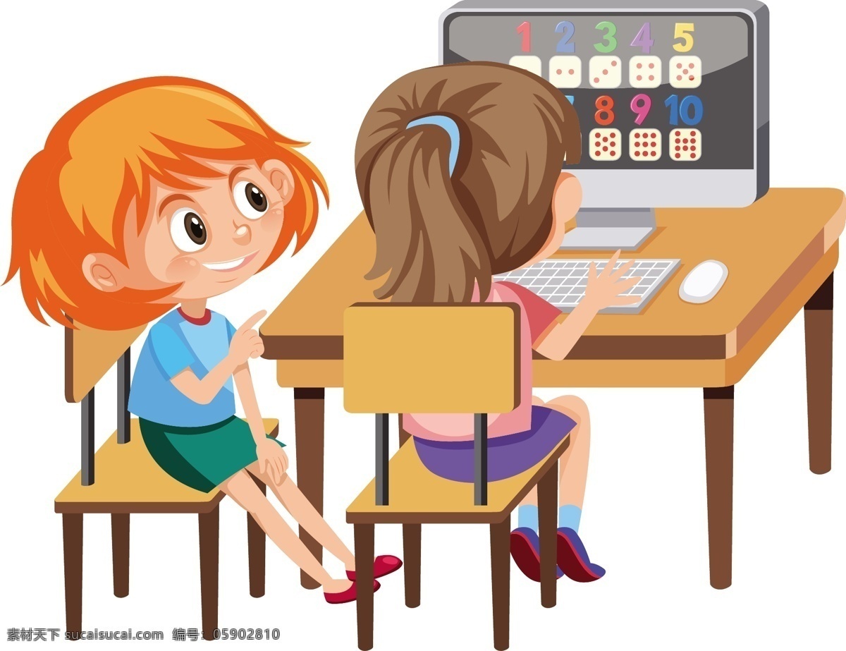 卡通学生 电脑 课桌 电脑桌 看电脑 学电脑 学生素材 儿童 女生 开学教育素材 卡通设计