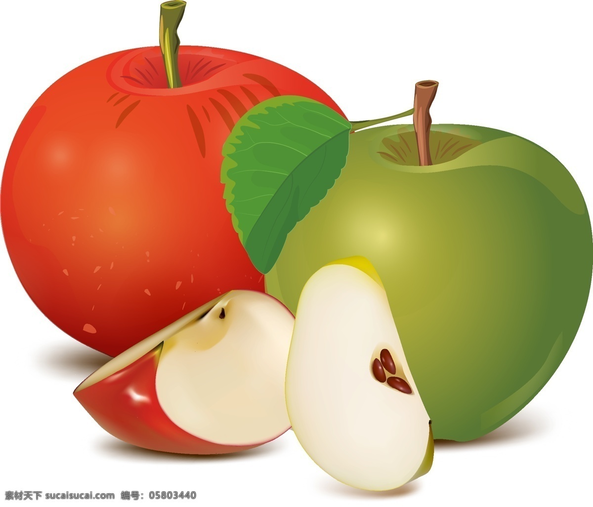 矢量 手绘 卡通 水果 免抠透明设计 免抠 夏日水果苹果 苹果切两半 绿色大苹果 红色大苹果 小苹果