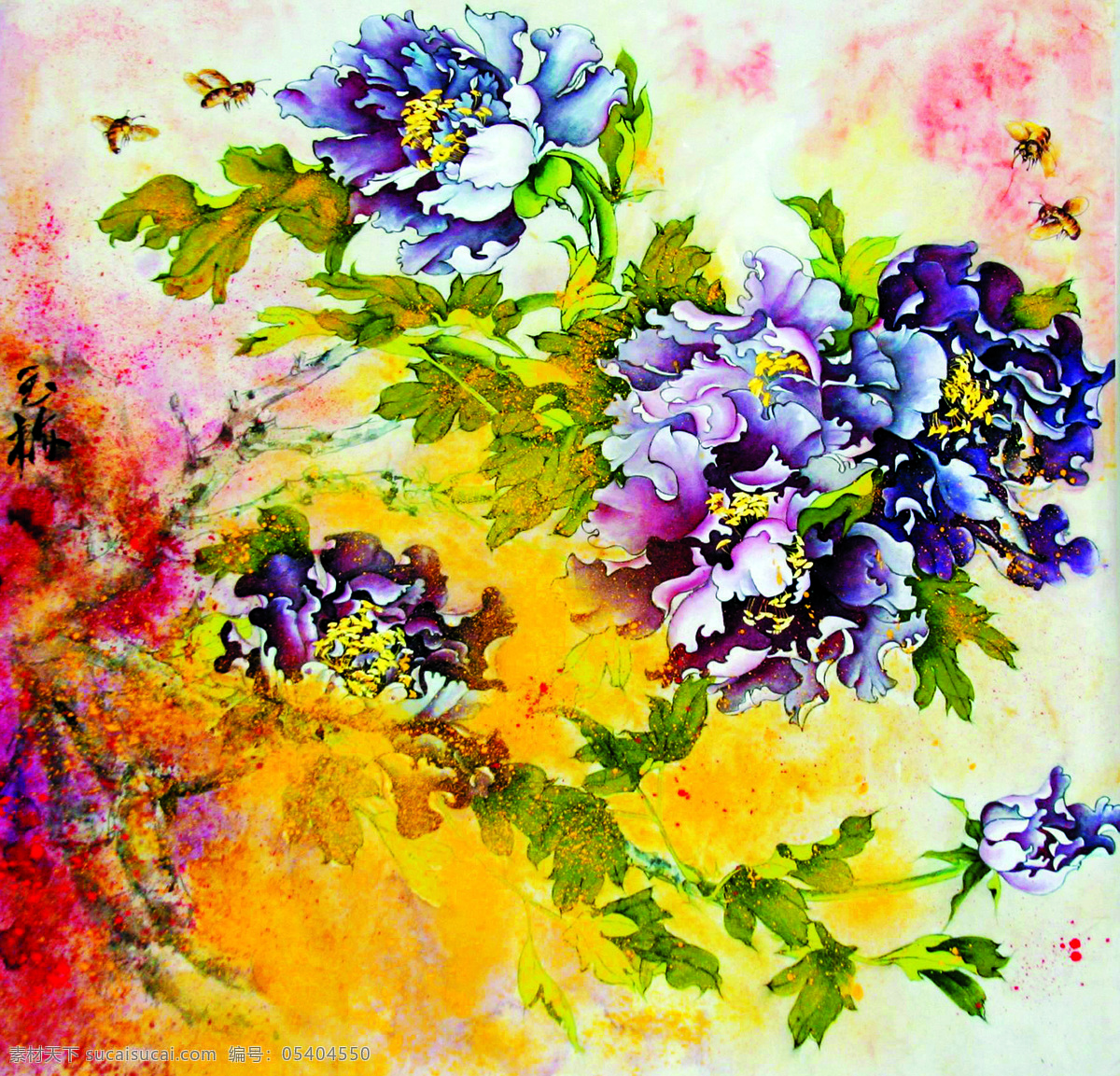 紫东风 美术 中国画 花木 花朵 牡丹花 紫牡丹 蜜蜂 国画艺术 绘画书法 文化艺术
