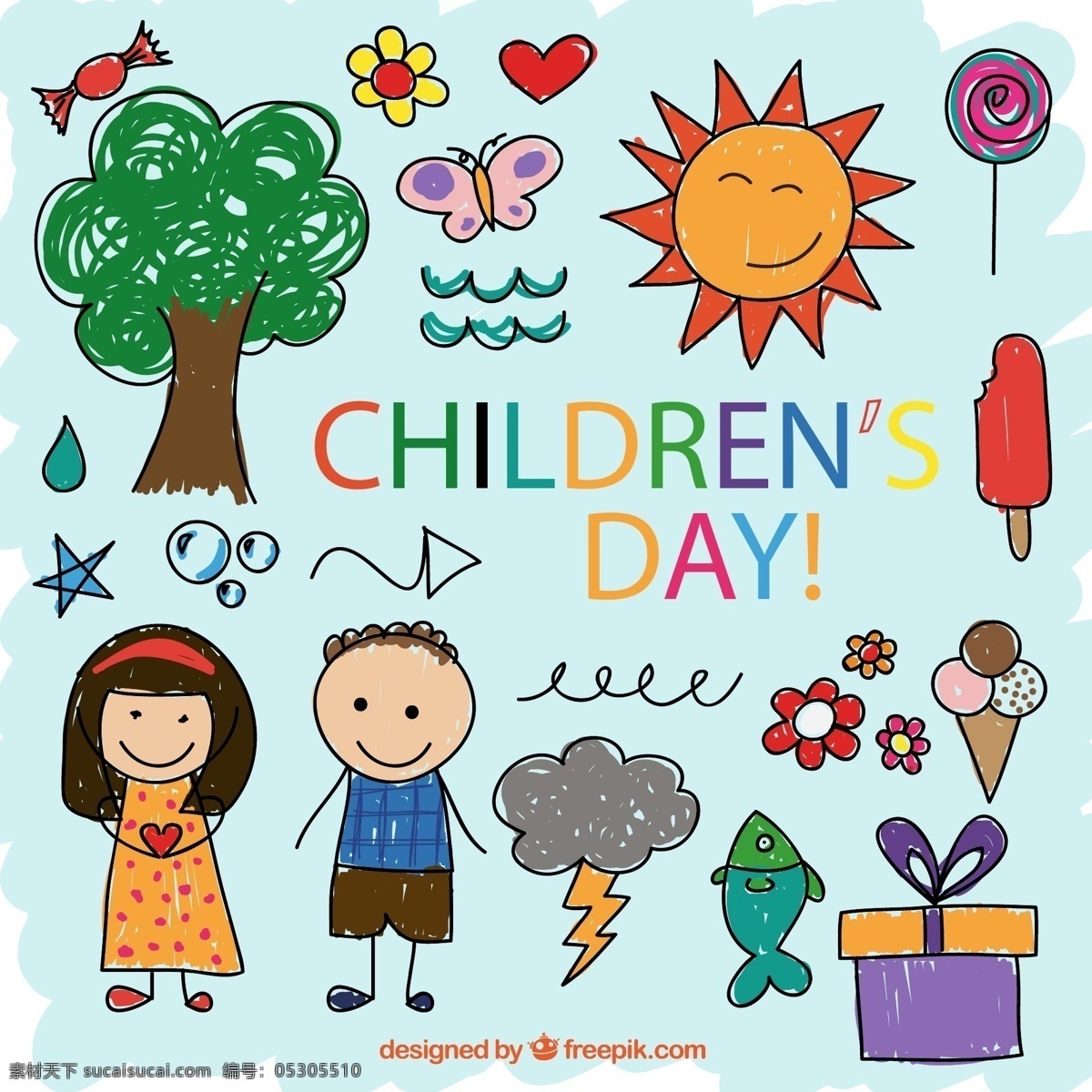 彩绘 儿童节 元素 树木 蝴蝶 太阳 棒棒糖 孩子 儿童 矢量 高清图片