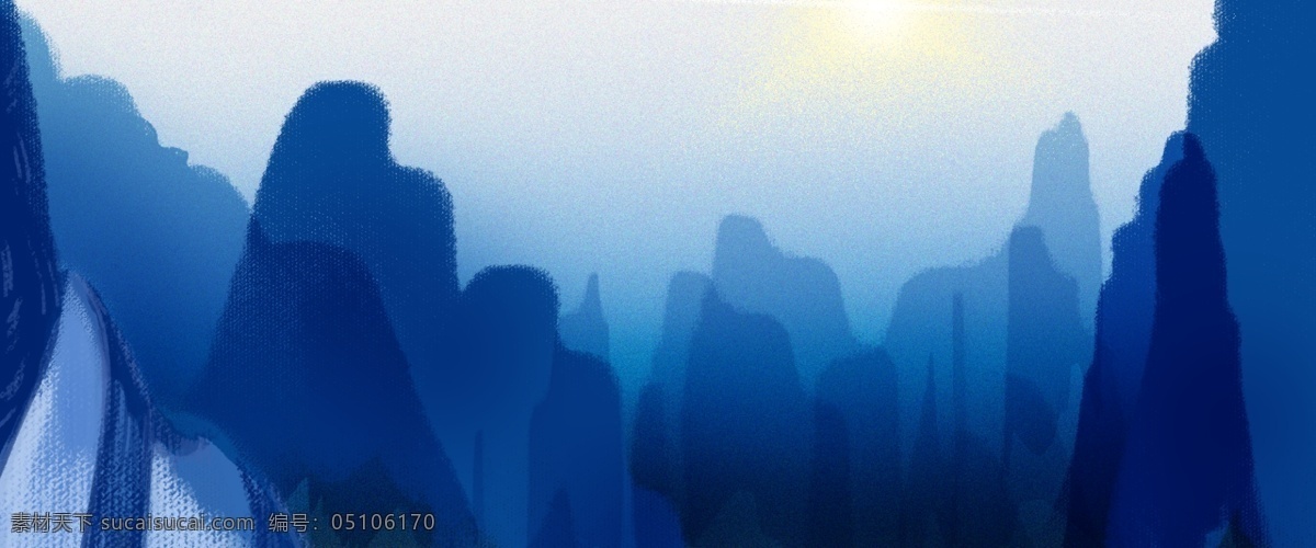 蓝色 山峦 植物 阳光 风景 插画 肌理 背景 插画风 肌理风 手绘风 风光