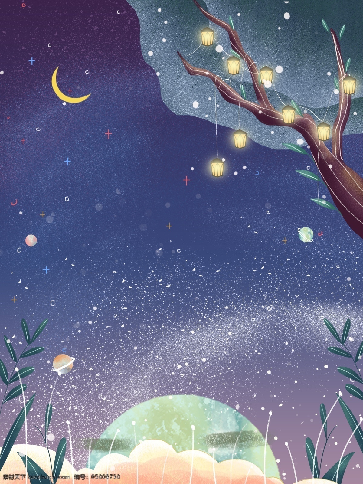 唯美 星空 背景 彩灯 月亮 广告背景 背景设计 彩绘背景 手绘背景 通用背景 psd背景 背景展板