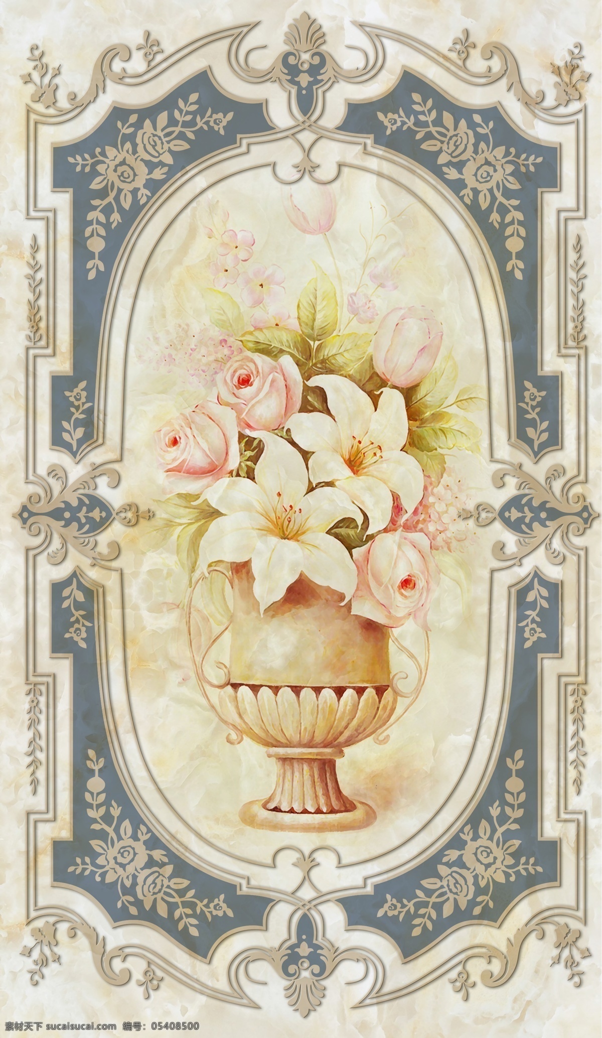 欧式 复古 花瓶 玄关 中欧 典雅 欧式花纹 金色花纹 玉兰花 金色花瓶 装饰画 无框画 有框画 分层