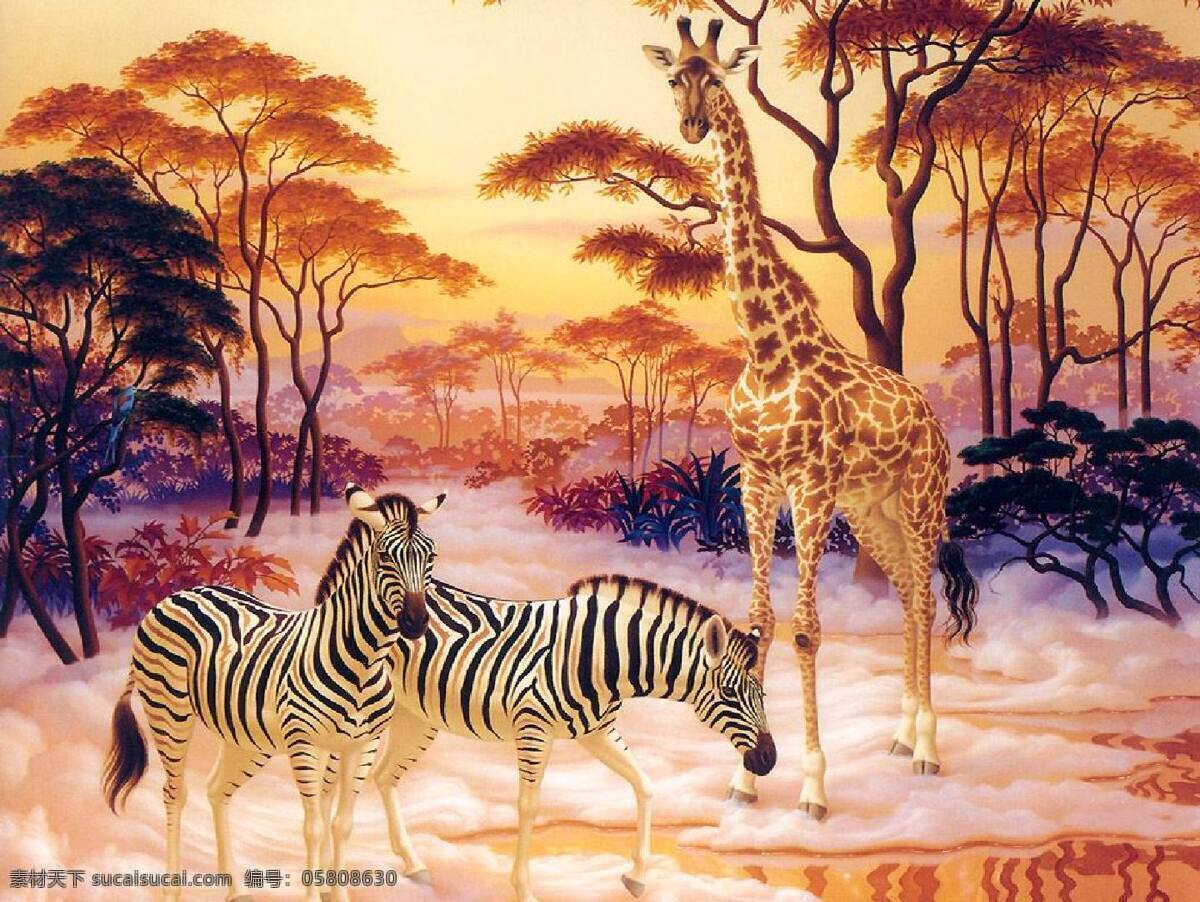 精美 奇妙 动物 画 斑马 长颈鹿 仙鹤 舞 树木 树林 生物世界 设计图库
