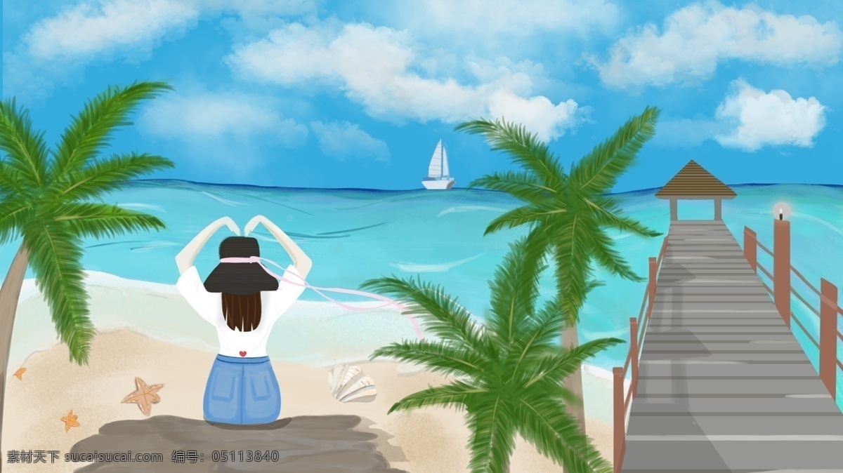 旅游 蓝色 海边 旅行 度假 放松 细腻 原创 插画 手绘 原创插画 马尔代夫 沙巴