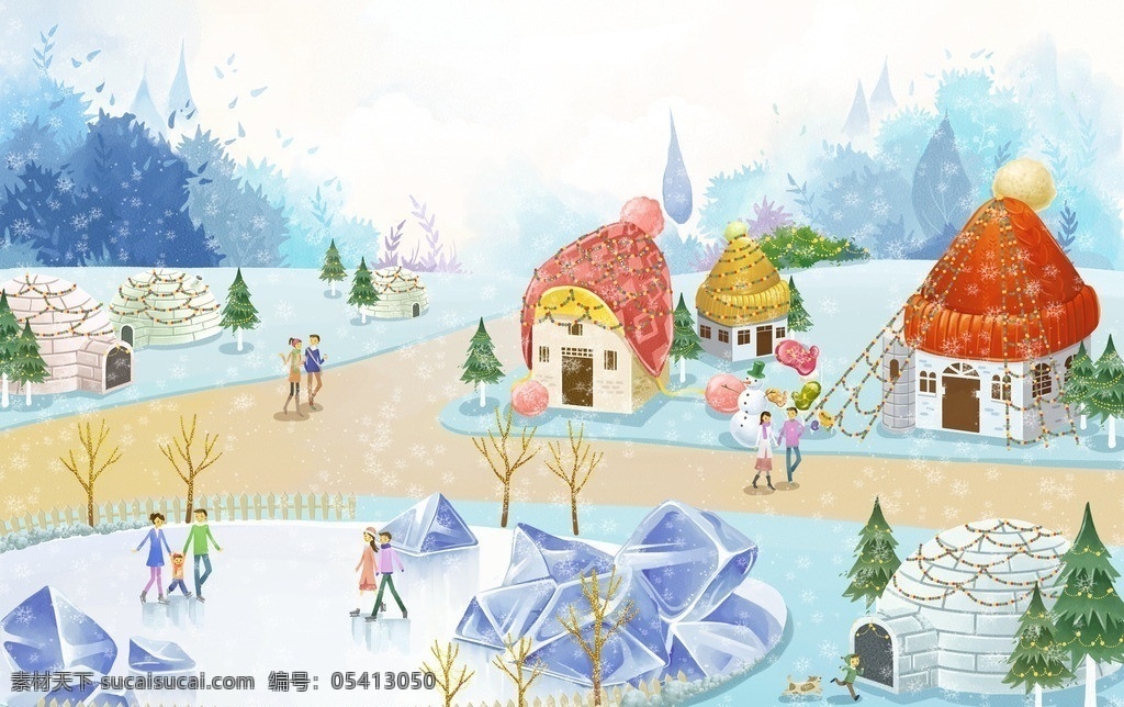 冬天 冰雪 冰雪世界 冬天风景 冬季 帽子 庆祝节日 圣诞节 雪地 冰块 休闲广场 季节色彩 松树 公园 农庄 房屋 风景插画 卡通风景 风景漫画 卡通插画 六一儿童节 儿童节 节日素材 源文件