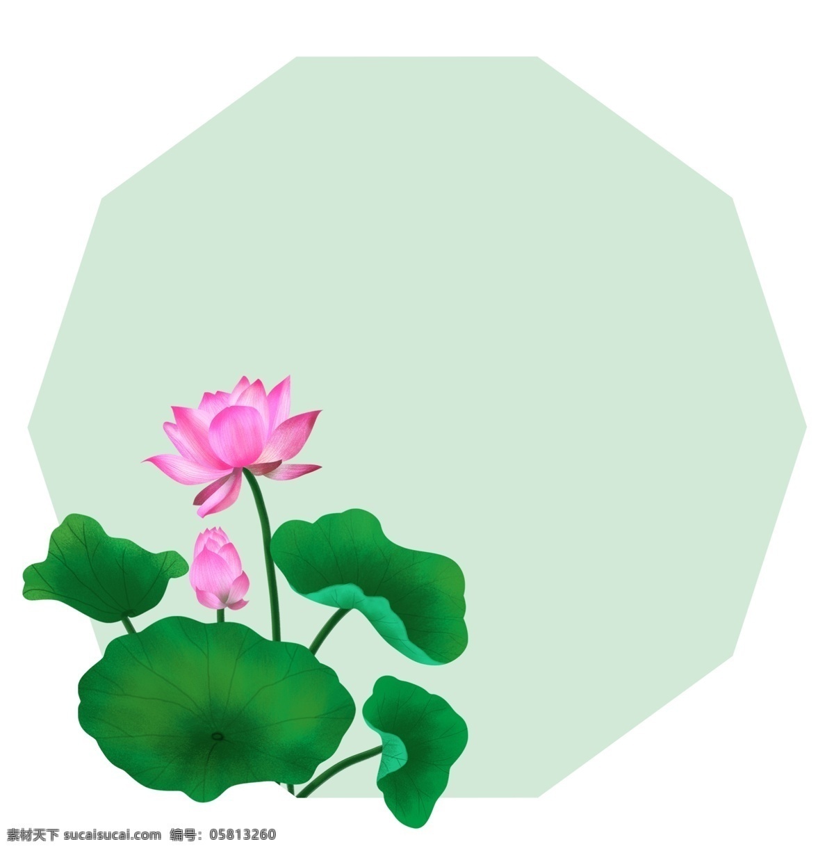 多边形 荷花 主题 边框 几何 主题边框 绿色 荷叶 花朵 植物边框 手绘荷花 荷花插画 叶子 立夏 夏天