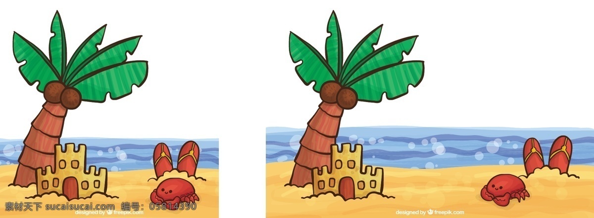 夏天 海滩 背景 手绘 元素 树 一方面 大海 沙滩 色彩的节日 丰富多彩 棕榈树 城堡 棕榈 度假 沙 夏日海滩 螃蟹 季节