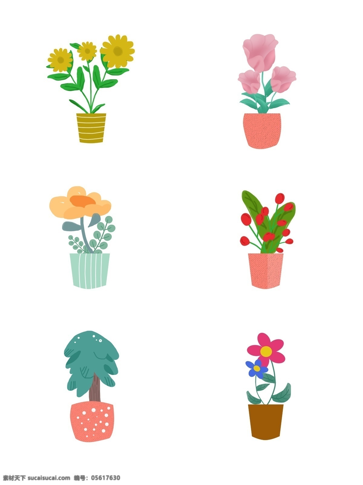 卡通 春天 植物 元素 绿色 盆栽 手绘 花