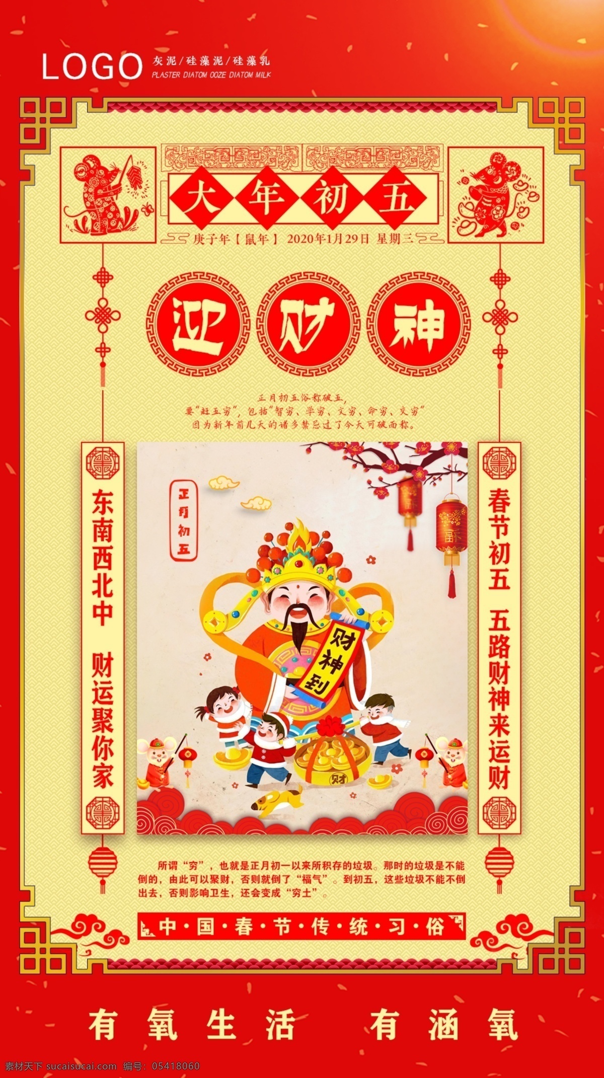 初五 迎财神 过年红色背景 春节 灯笼 祥云 传统习俗 分层 鼠年