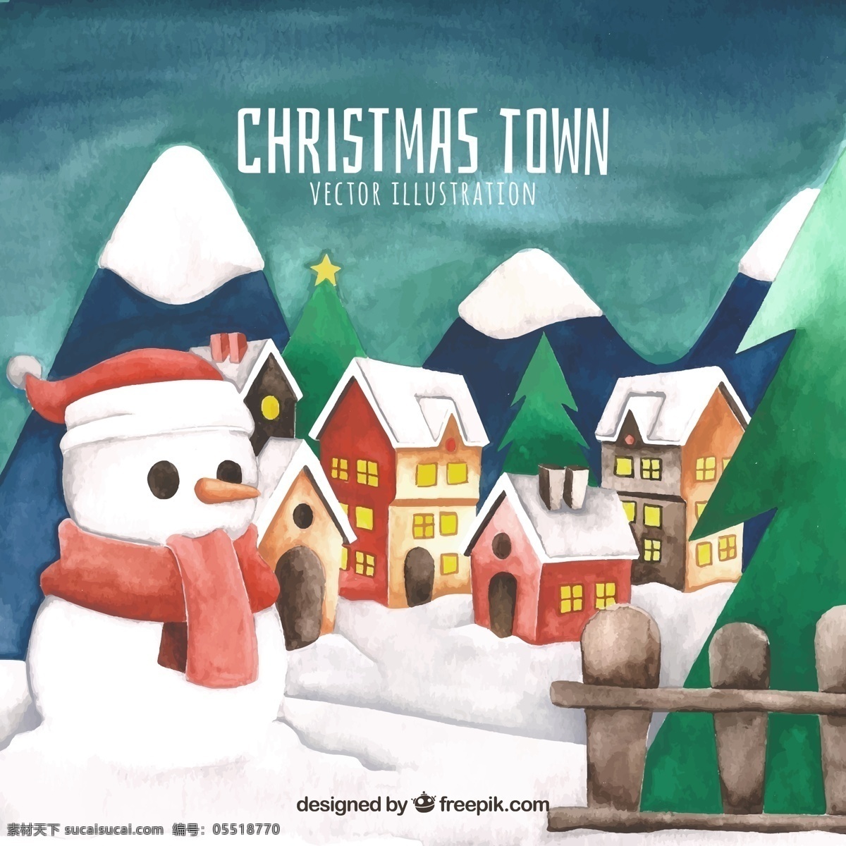 水彩 绘 圣诞 小镇 雪人 矢量图 房子 建筑 节日 浪漫 圣诞节 水彩绘 下雪