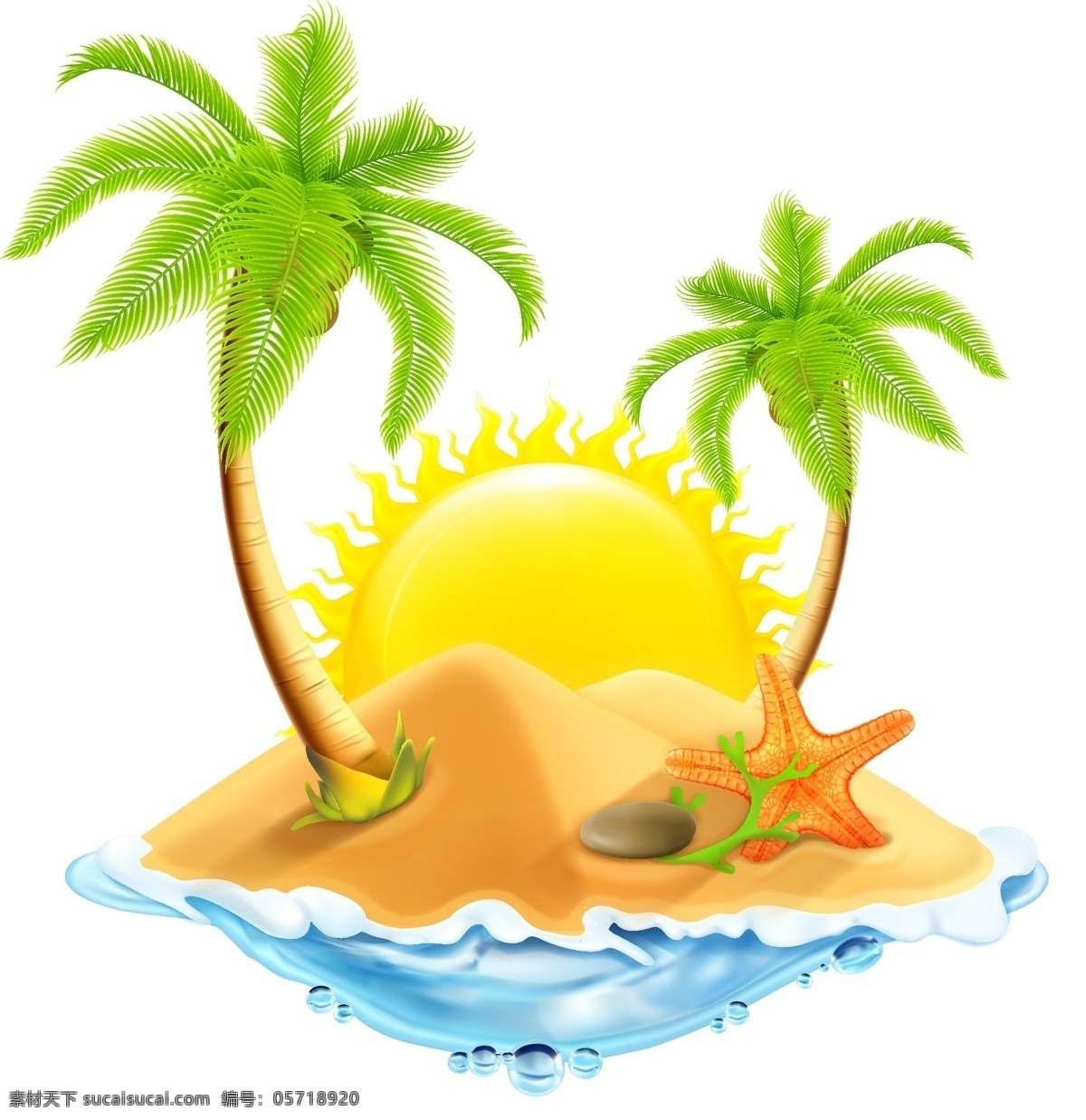 手绘 度假 海边 元素 卡通 蓝色 大海 沙滩 阳光 椰树 海星