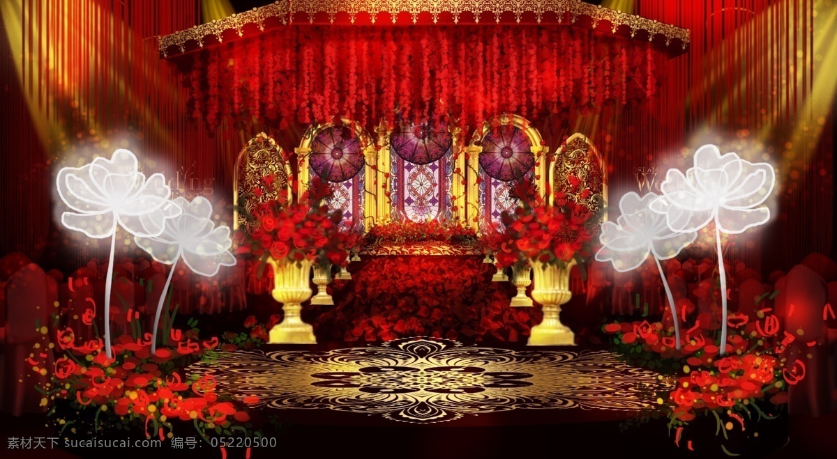 红 金 欧式 婚礼 效果图 罗马柱 对比色 红金色系 洛可可