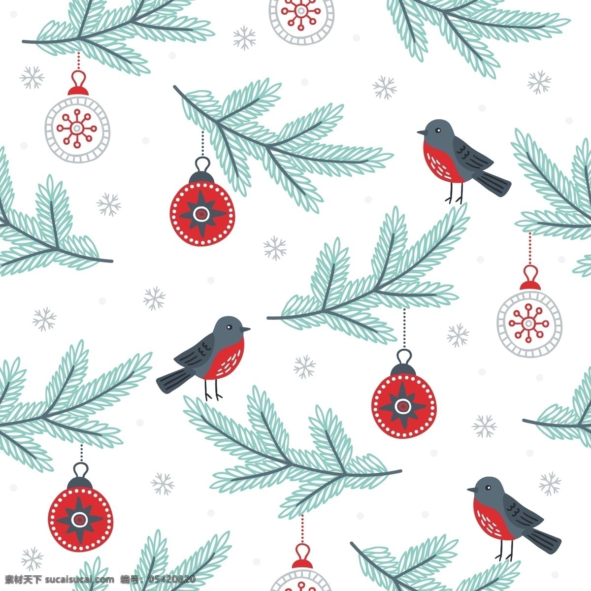 圣诞 树枝 小鸟 可爱 卡通 矢量图 背景 元素