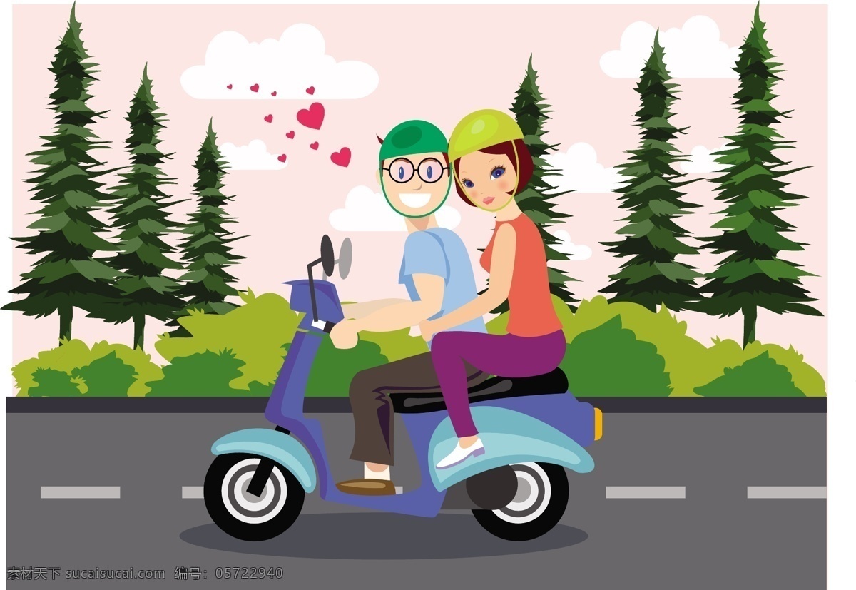 一对 情侣 骑 电动车 出行 矢量 元素 城市 公路 户外 环保 摩托车 森林 矢量素材