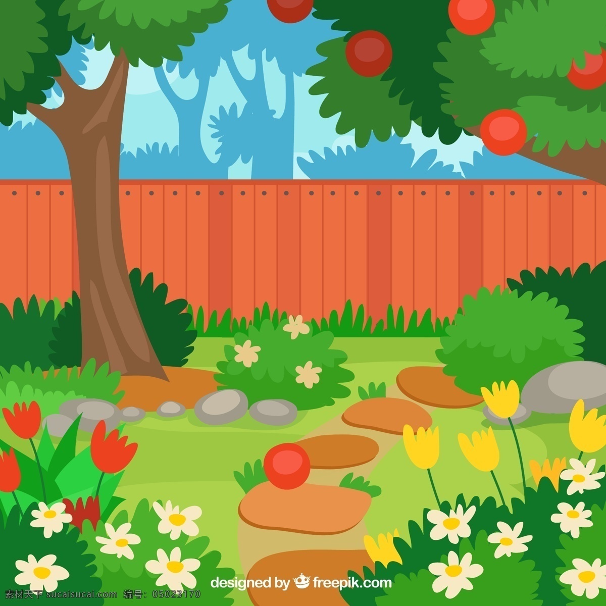 卡通 私人 花园 庭院 风景 矢量 树林 花卉 草地 围墙 树木 苹果树 石子路 矢量图