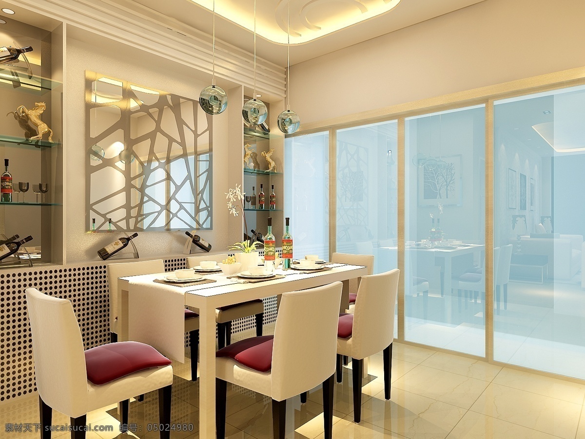 餐厅 3d设计 玻璃墙 餐厅背景 餐桌 欧式 室内模型 6人桌 3d模型素材 室内场景模型