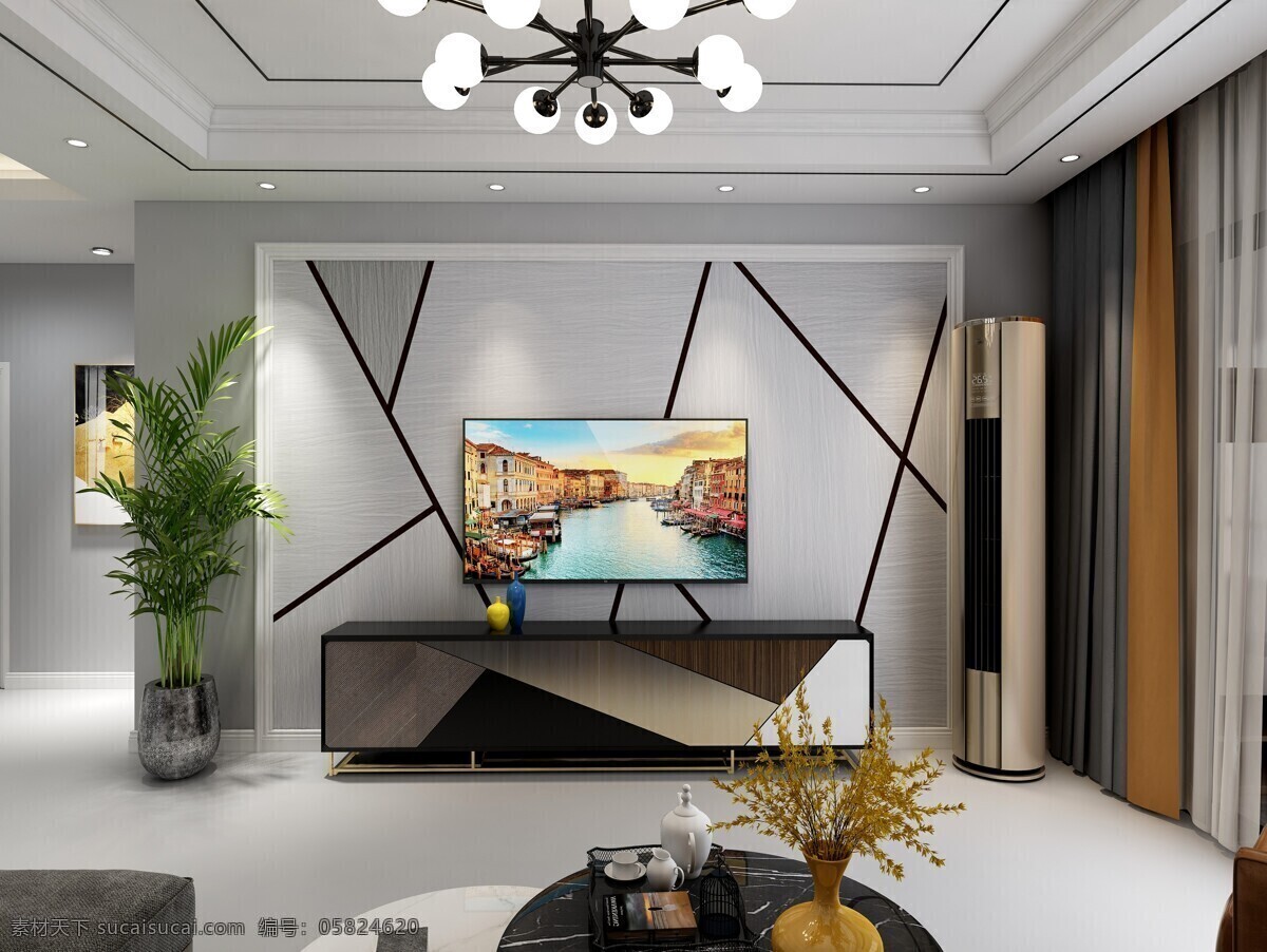 客厅 电视墙 效果图 壁画 简单背景墙 现代客厅 现代简约 3d设计 3d作品