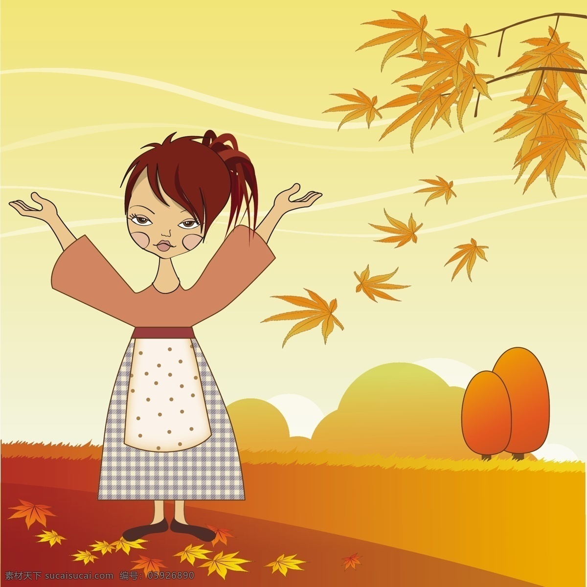 秋 风景 中 女人 插图 树 叶 波浪 秋天 景观 树叶 风 秋天的树叶 季节 水平 有风 黄色