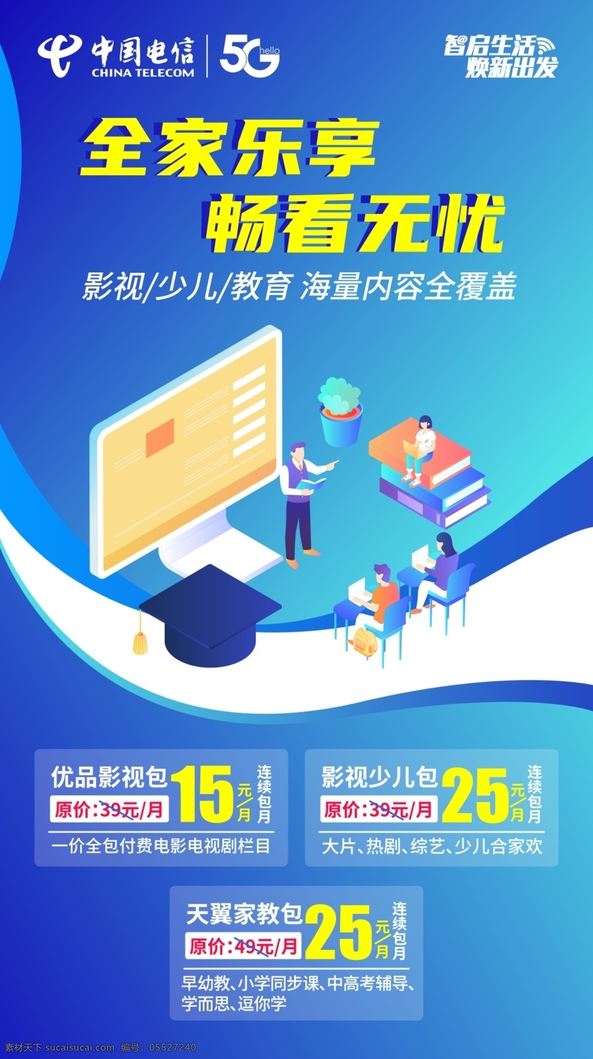 中国电信 优 品 包 海报 5g 优品包 电脑 卡通人物